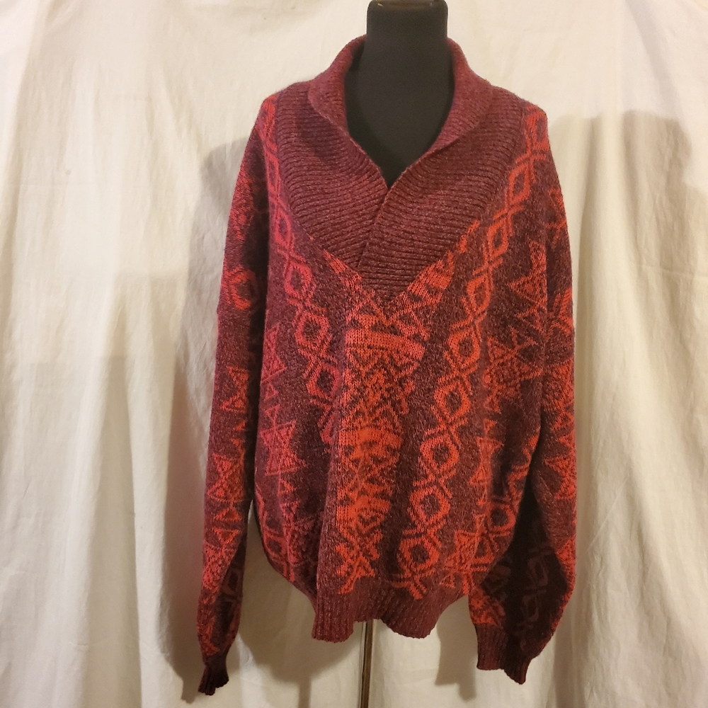 Vintage Robert Bruce Shawl Collar Wool Blend Aztec Chunky Sweater XXLT